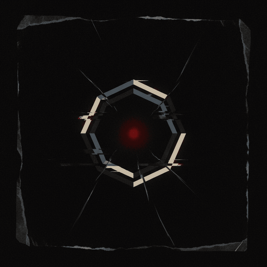 Reverse-phi octagon mark, chaos pole, fractured and glitched