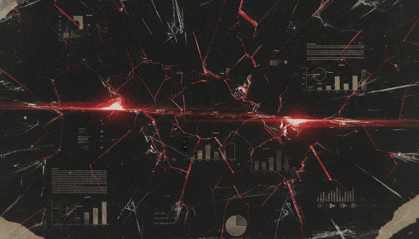 Cracked glass over fake corporate dashboard charts