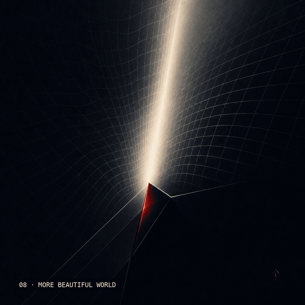 More Beautiful World track cover, moire interference resolving into light