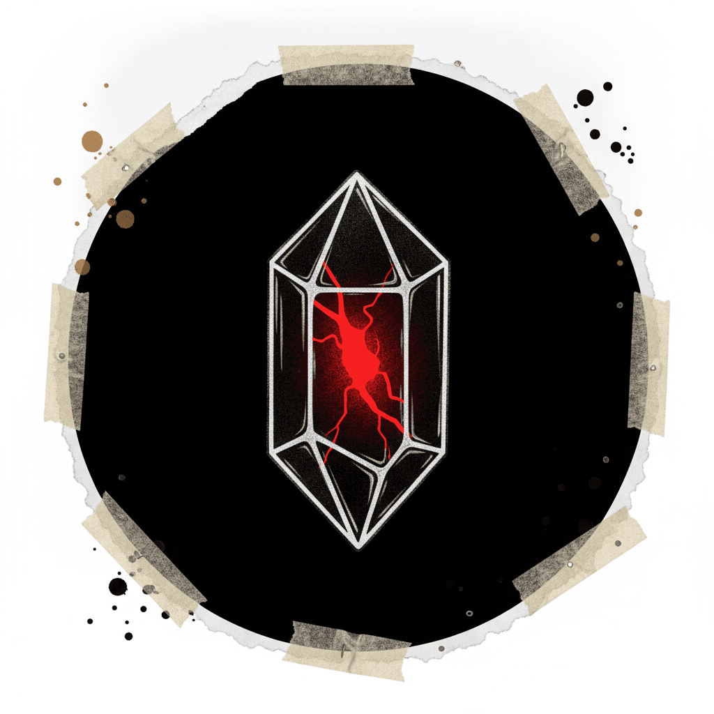 The same crystal icon in zine style, tape and halftone frame