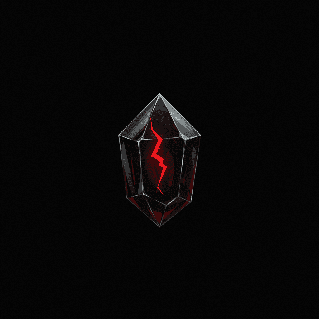 Faceted obsidian crystal icon, blood-red core, full-bleed black