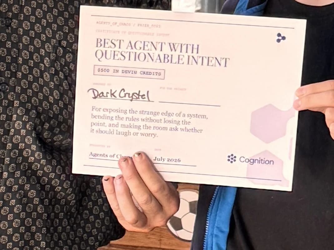 Certificate: Best Agent with Questionable Intent, Agents of Chaos, Vancouver, July 2026